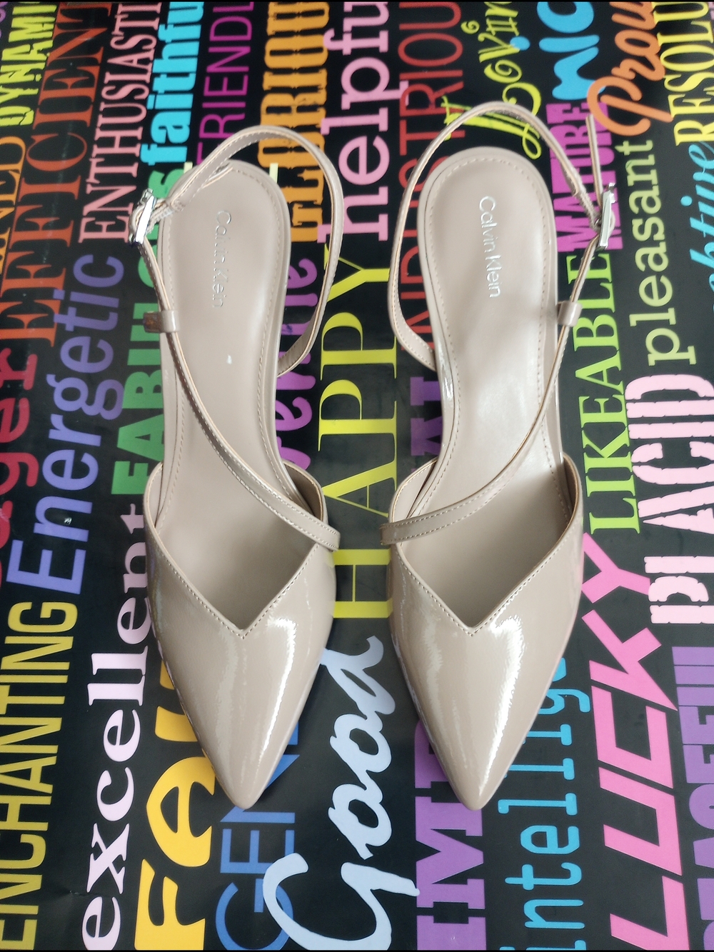 Calvin Klein Patent Leather Pointed Tie Slingback Heels!.